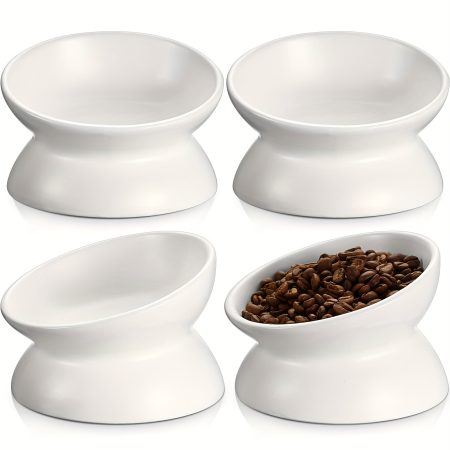 4pcs Ceramic Raised Cat Food Bowls Elevated Cat Bowls Tilted Cat Food Bowls Dishes, Whisker Fatigue, Backflow Prevention, Dishwasher And Microwave Safe, Water And Food Bowls Set