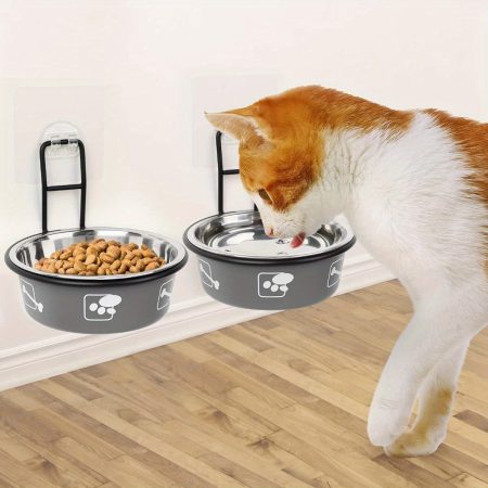 2pcs Elevated Cat Food Bowls, Wall Mounted Stainless Steel Pet Feeding Bowls with Stand, Nonslip No Spill Design, Gray - Ideal for Cats, Cat Bowls for Food, Elevated Bowl Style, Durable Plastic Construction