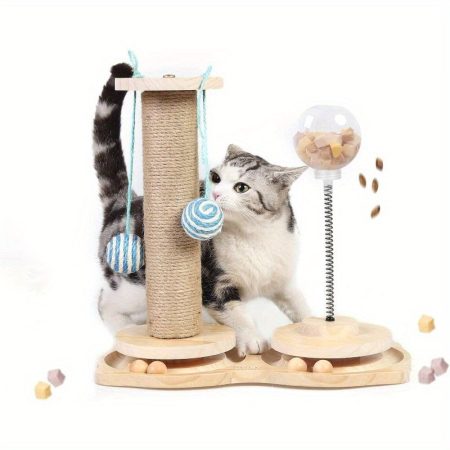 4-in-1 Interactive Cat Toy with Natural Sisal Scratching Post, Hanging Balls, Roller Track, Treat Dispenser - Space-Saving Multi-Functional Cat Activity Center for Indoor Kittens & Cats - Promotes Exercise, Mental Stimulation & Healthy Scratching Habits -