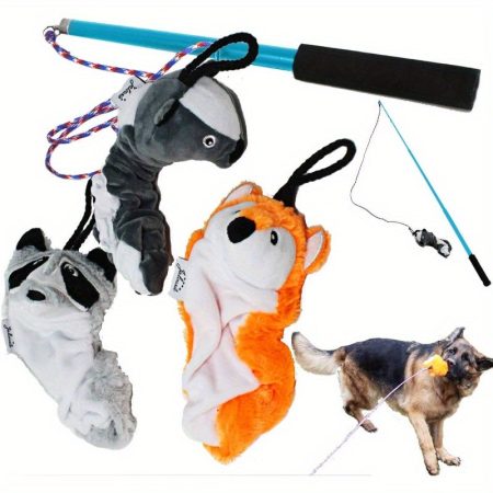 Interactive Dog Flirt Pole with 3 Squeaky Plush Toys (Fox, Raccoon,) - Extendable Chase it Teaser Wand, Collapsible Dog Fetch Toy with Upgraded Rope Attachment for Fetch, Tug-of-War, Puppy Training - Ideal for All Breeds & Sizes, Playful Pet Design, Reinf