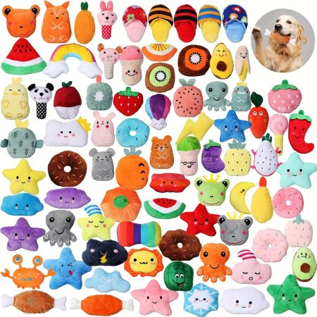 [Colorful Plush Toys] 80pcs Colorful Plush Squeaky Dog Toys | Fun Fruit, Animal & Shaped Designs for Small to Medium Breeds, Teething Puppies & Playtime, Dog Playtime Accessories