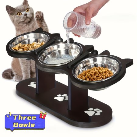 Elevated Cat And Dog Bowls Elevated Cat Food Bowl, 15° Tilt Cat Pet Bowl For Puppies, Elevated Dog Bowl Stand Feeder Adjustable Dog And Cat Food And Water Bowl With 3 Stainless Steel Bowls, Elevated Bowl For Dogs