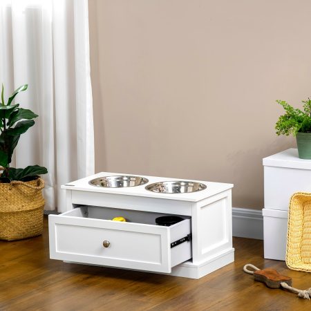 [Elevated Dog Bowls] Large Elevated PawHut Dog Bowls With Storage - Raised Dog Bowl Stand Pet Food Bowl Dog Feeding Station, 11L Capacity, White