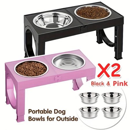2 Set [Adjustable Elevated Dog Bowls], Foldable Design Raised Dog Bowls with 4 Stainless Steel Bowls, Dog Water Dish, for All Breed Dogs, Easy to Clean, Black+Pink