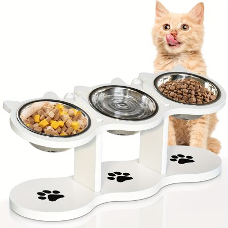 Raised Adjustable Dog Bowl Stand, Equipped with 3 Stainless Steel Feeding Bowls, 15° Tilted Raised Cat Bowl for Dry/Wet Food and Water - Pet Bowl for Indoor Cats and Small Dogs, Black and Whit