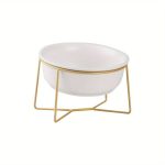 Recycled Wood Elevated Pet Feeder - White Ceramic Cat & Dog Bowl with Golden Iron Stand, Tilted Design for Comfort, Large Capacity Raised Food & Water Dish for Joint Health & Digestive Wellness